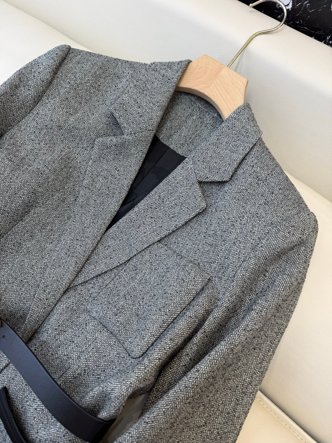 Chanel 2025 Blazer With Belt Gray Black Polyester Wool