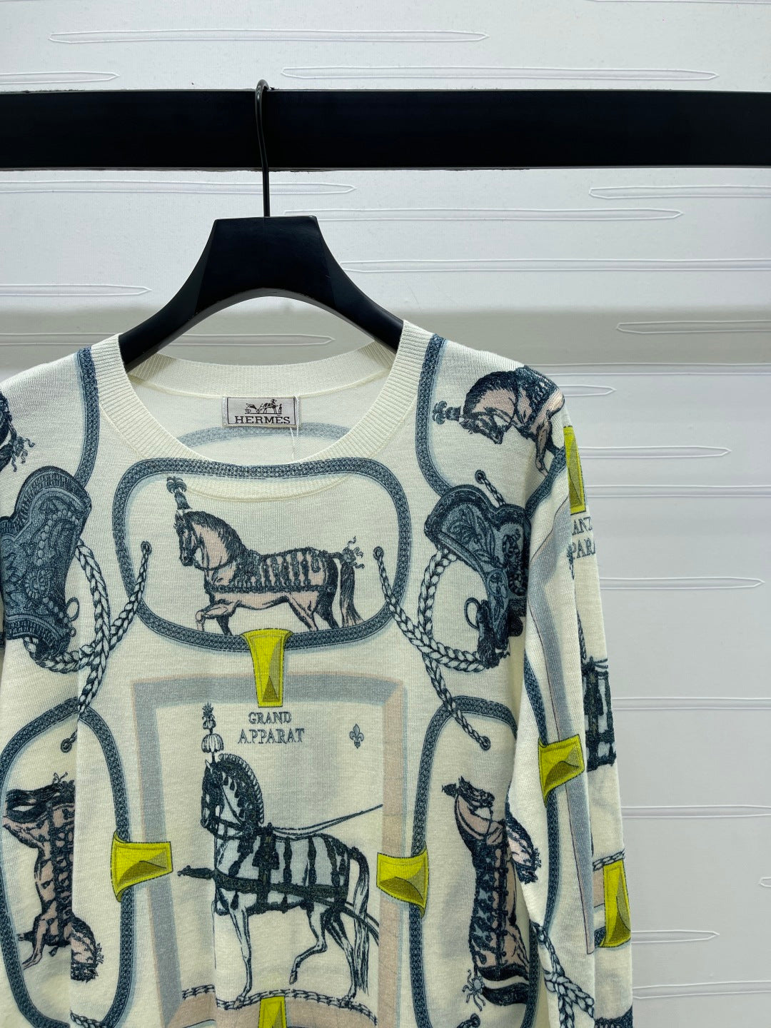 Hermes 2026 Horse Print Long Sleeve Top Cream Blue Wool 417088