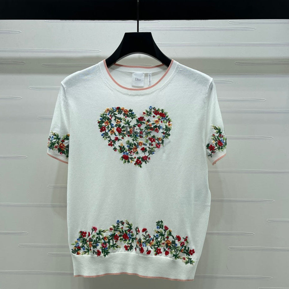Dior 2026 Embroidered Floral Knit Short-Sleeve T-Shirt White mix Colors Wool