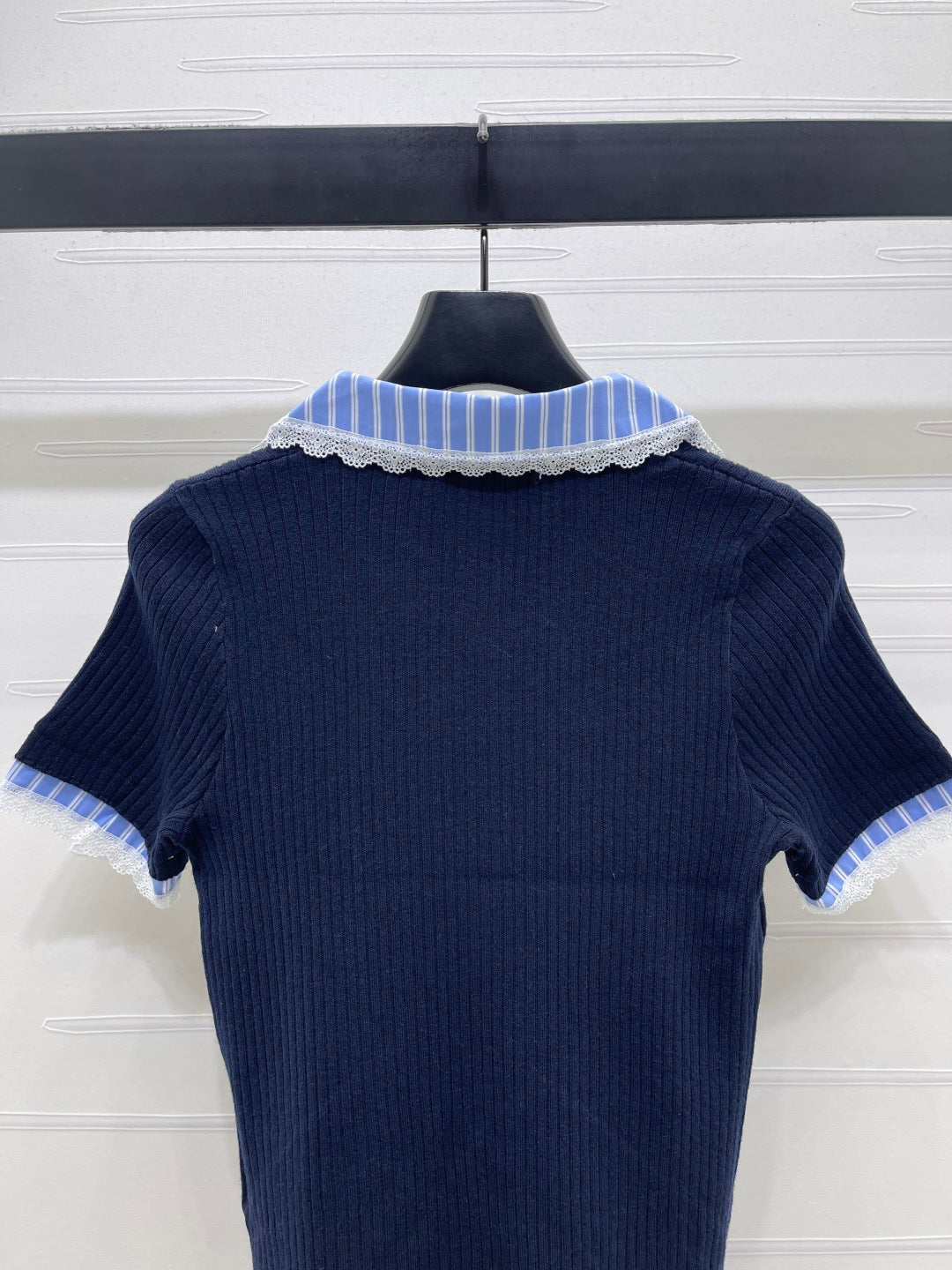 Miumiu 2026 Ribbed Knit Top With Striped Collar Blue Wool 352525