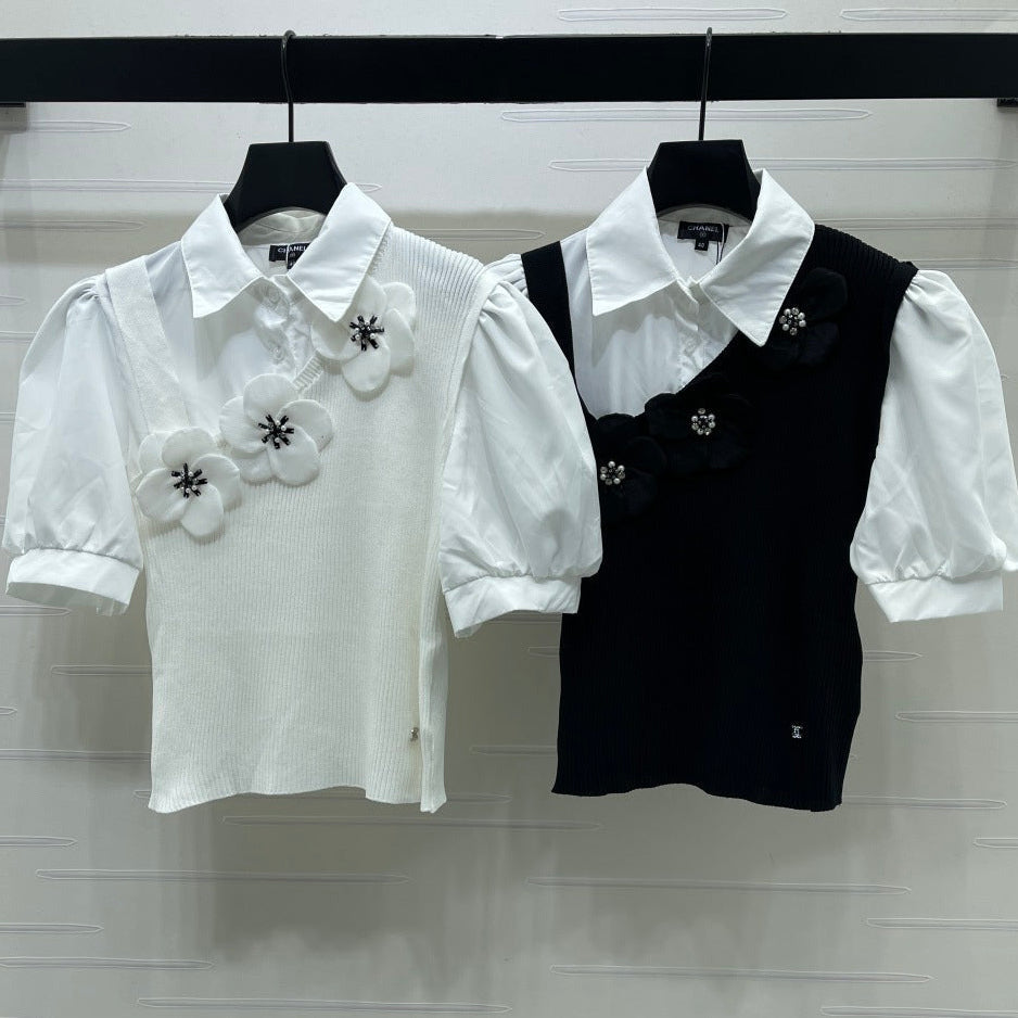 Chanel 2026 Flower Collared Knit Short-Sleeve Shirt Cotton 408561
