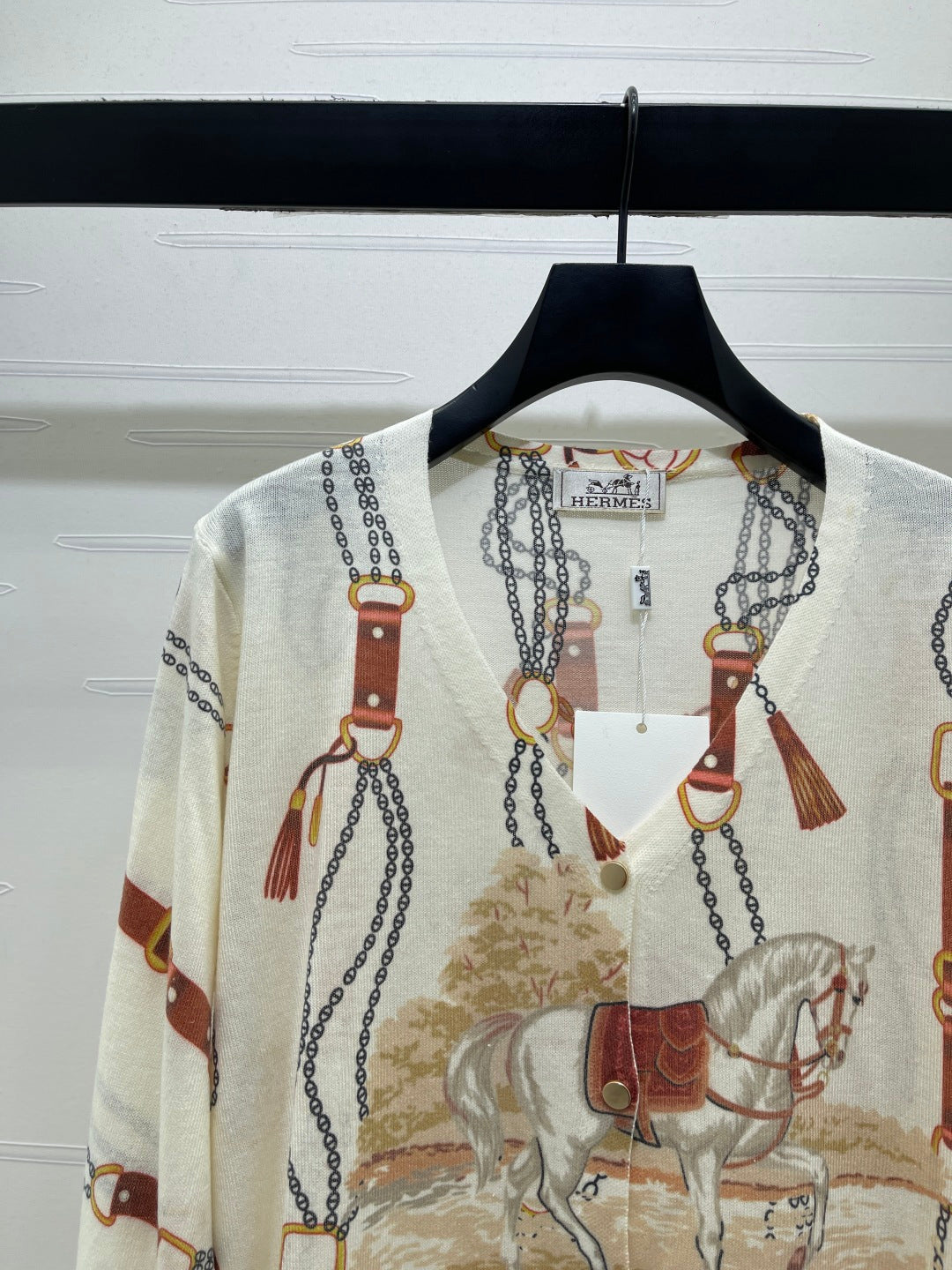 Hermes 2026 V-neck Printed Long-sleeved Cardigan Cream mix Colors Wool 417073