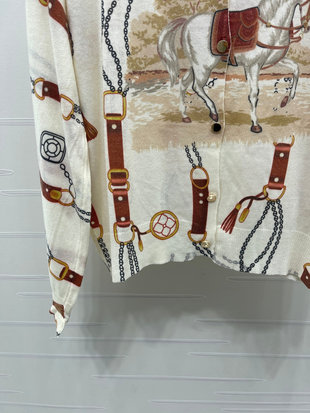 Hermes 2026 V-neck Printed Long-sleeved Cardigan Cream mix Colors Wool 417073