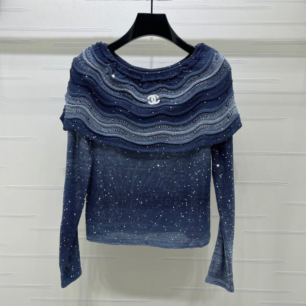 Chanel 2026 Off The Shoulder Long Sleeved Top Blue Viscose Tencel 773800
