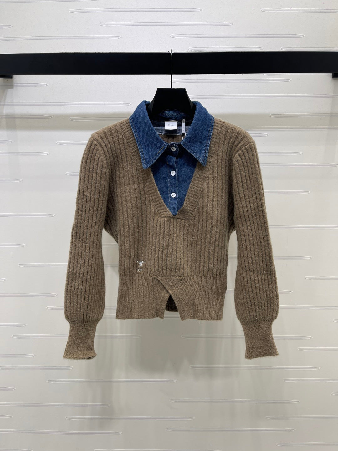 Dior 2026 Denim Patchwork Collared Knit Long-Sleeve Top Wool 779595
