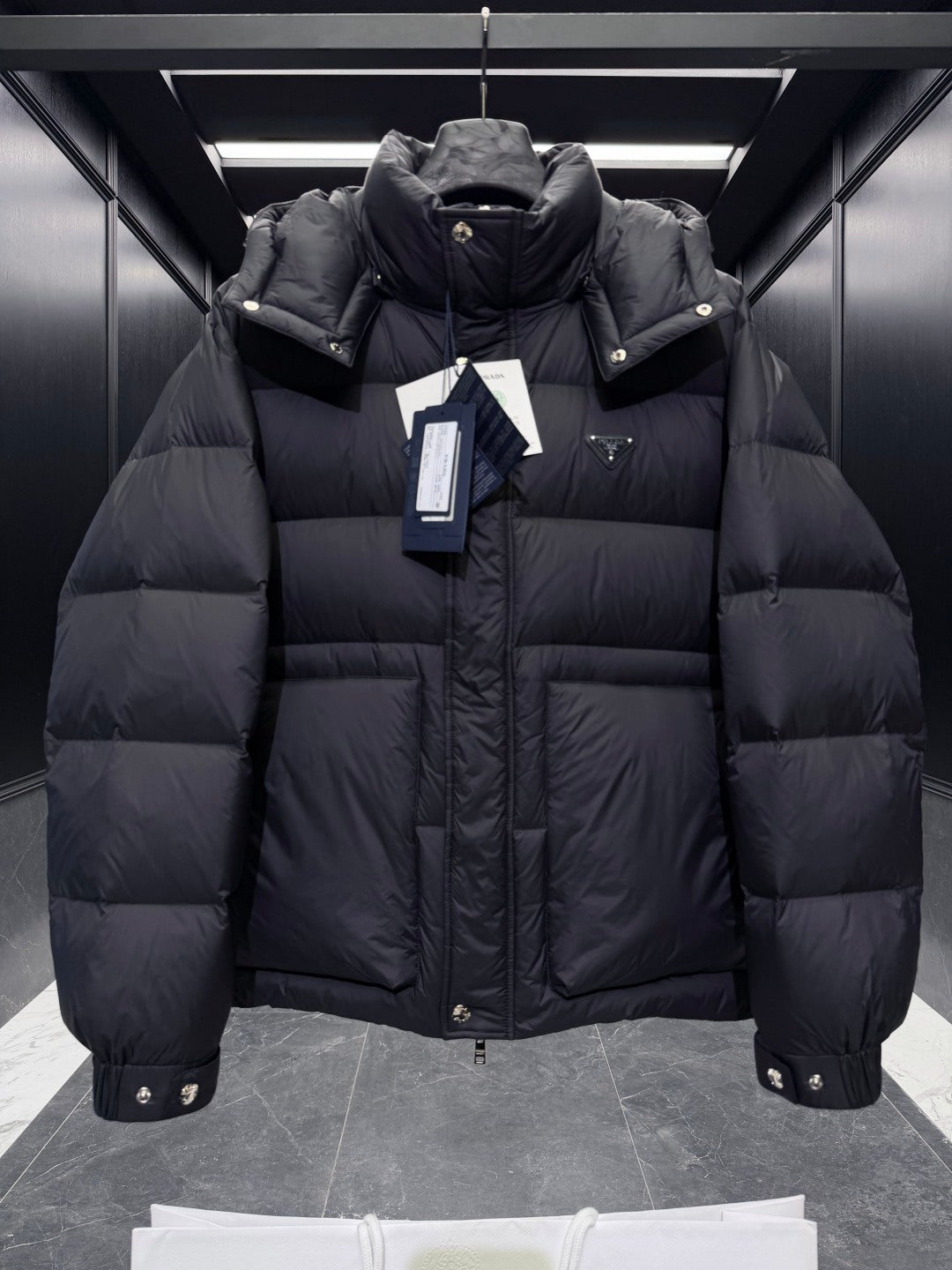 Prada 2025 Quilted Hooded Jacket Black Nylon Down