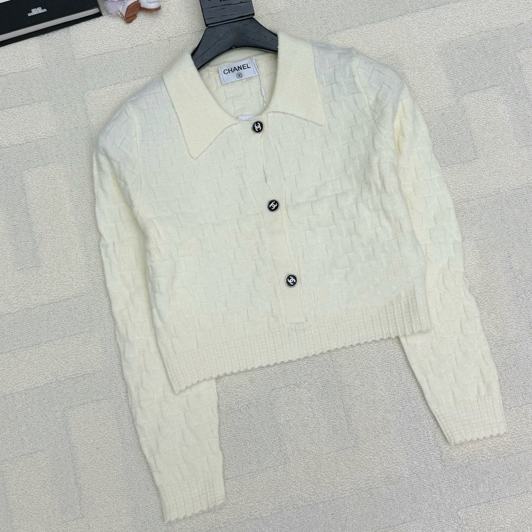 Chanel 2025 Polo Neck High-Waisted Short Knit Cardigan White Wool