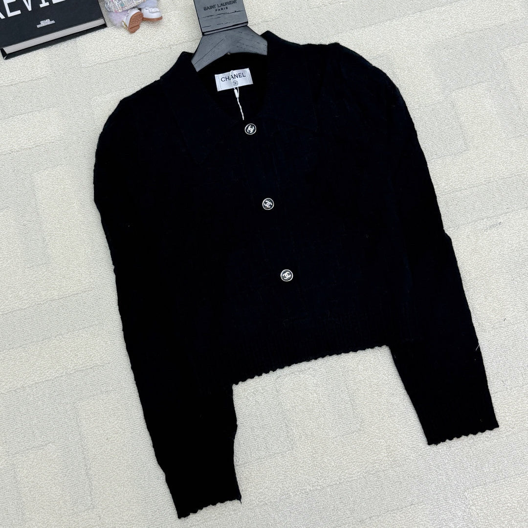 Chanel 2025 Polo Neck High-Waisted Short Knit Cardigan Black Wool