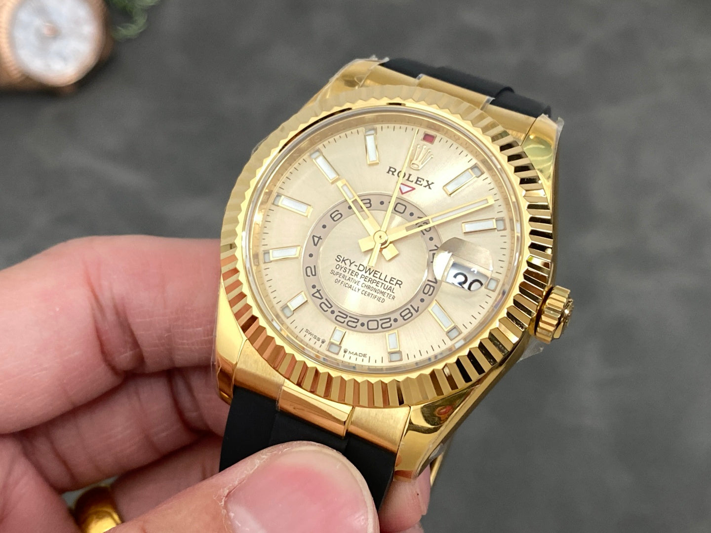 Rolex Sky-Dweller 42mm Gold Case Gold Dial Rubber Strap