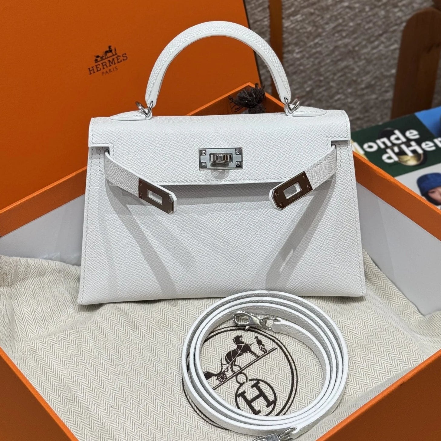Hermes 2026 Kelly Bag 19cm White Silver Epsom Leather