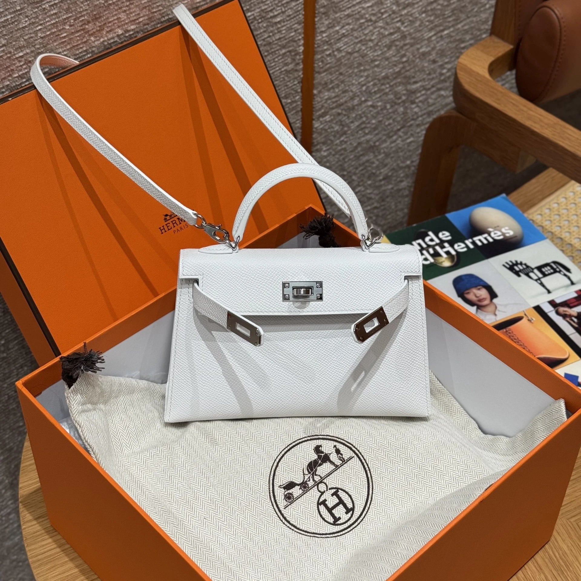 Hermes 2026 Kelly Bag 19cm White Silver Epsom Leather