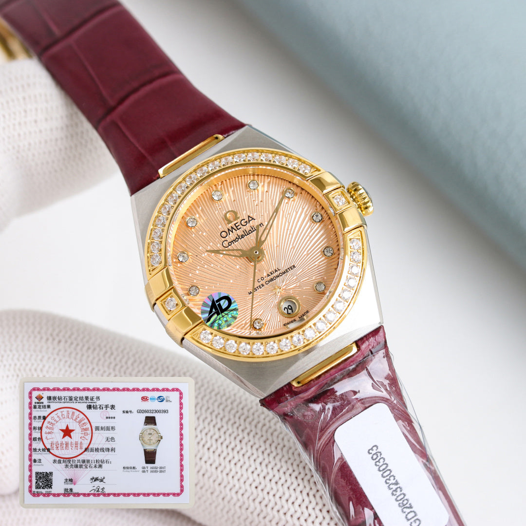 Omega Constellation 29mm Diamond Bezel Diamond Numerals Crocodile Leather