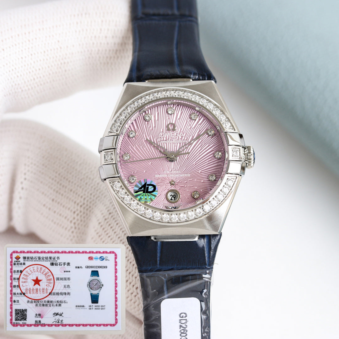 Omega Constellation 29mm Diamond Bezel Diamond Numerals Crocodile Leather