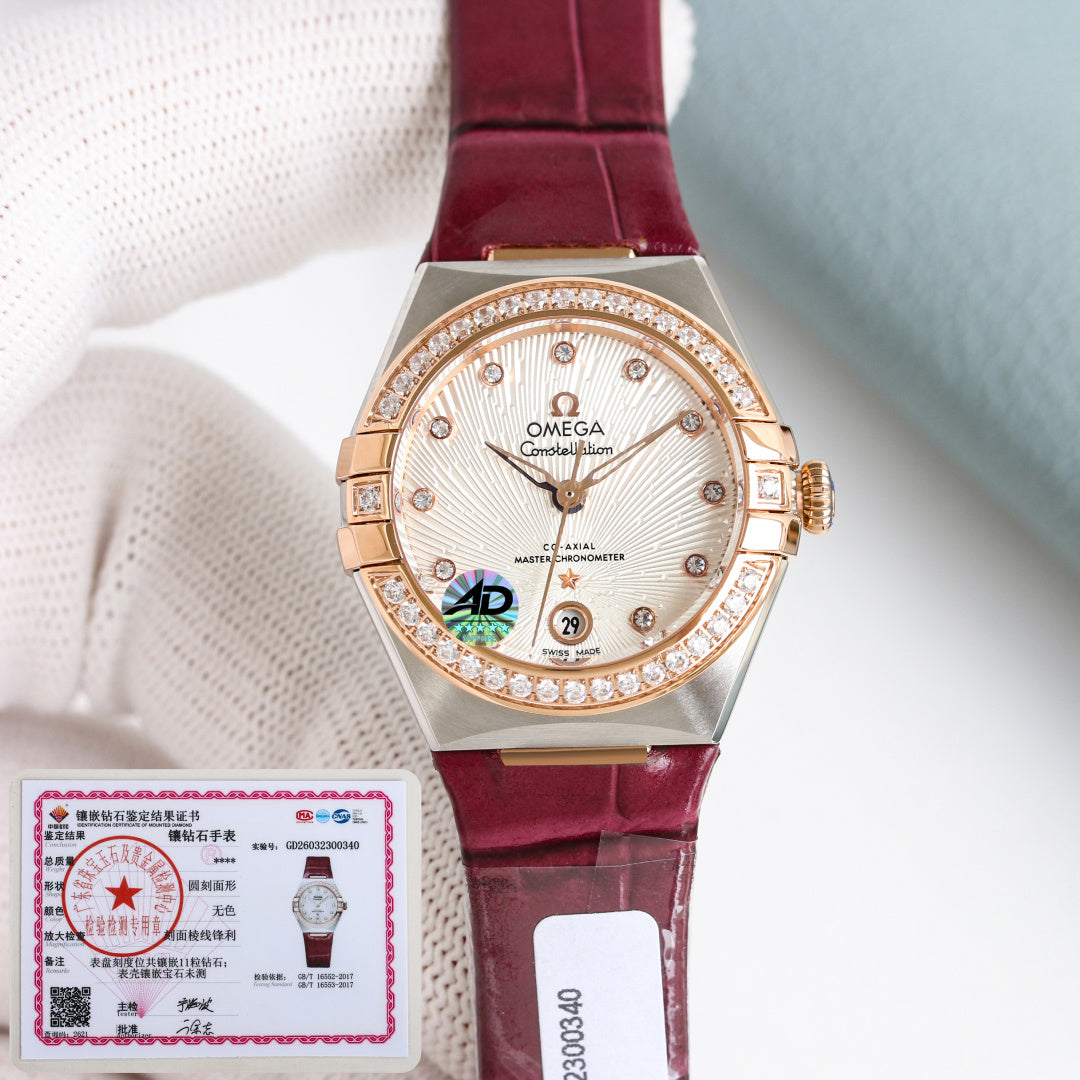 Omega Constellation 29mm Diamond Bezel Diamond Numerals Crocodile Leather