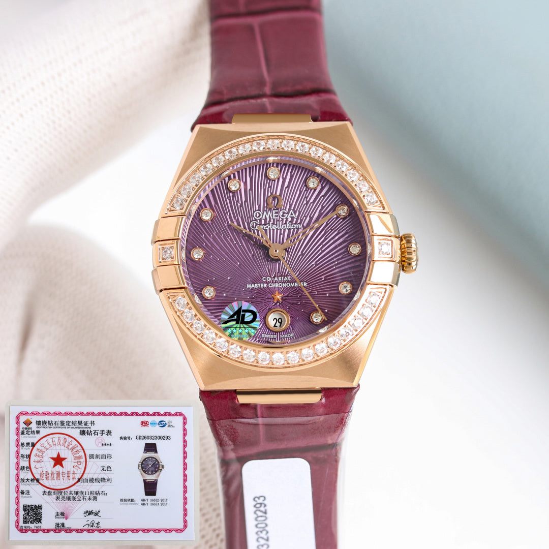 Omega Constellation 29mm Diamond Bezel Crocodile Leather
