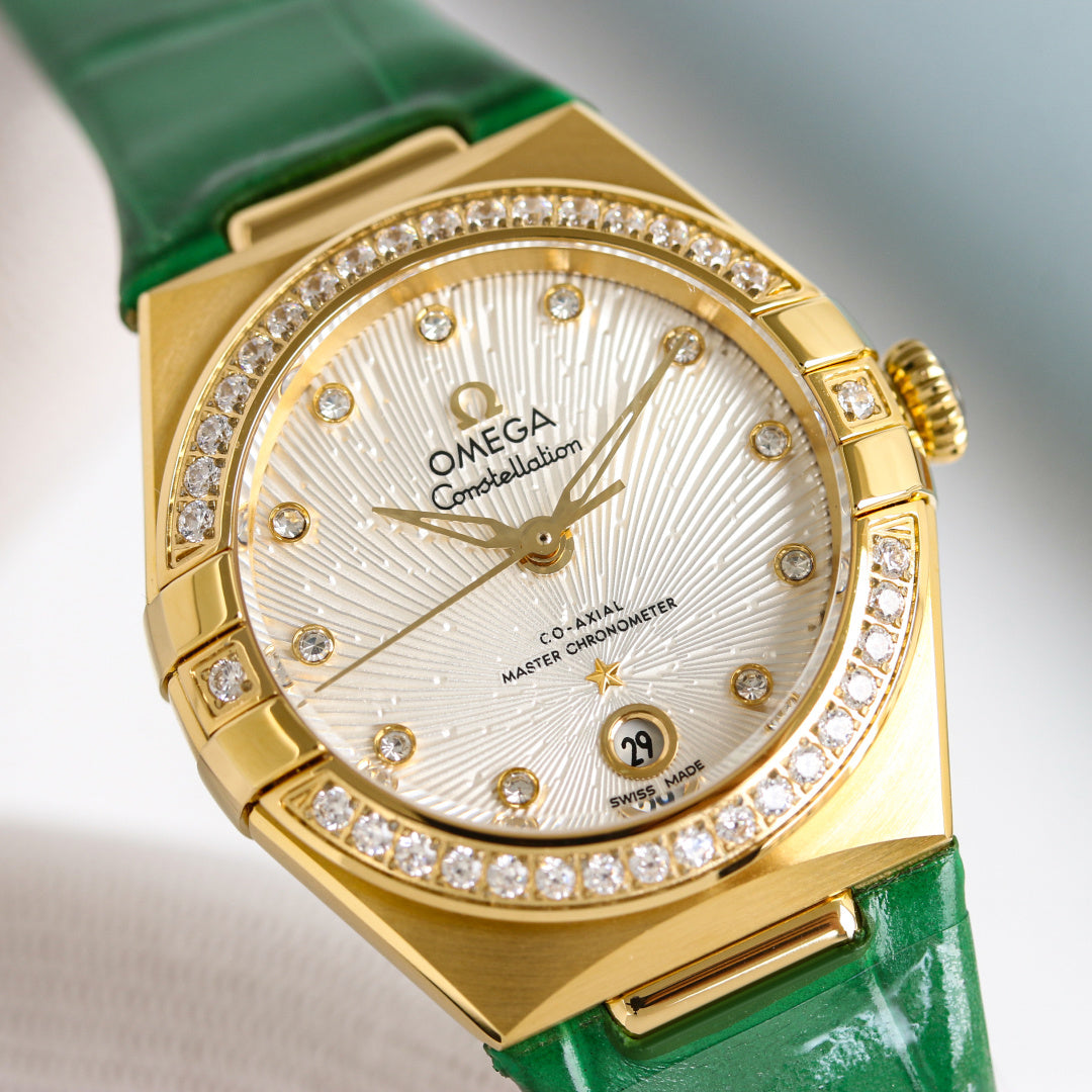 Omega Constellation 29mm Diamond Bezel Crocodile Leather