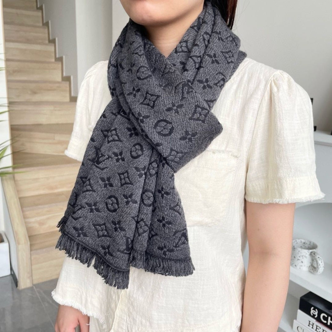 LV Men Scarf 180cm Gray Wool 967166