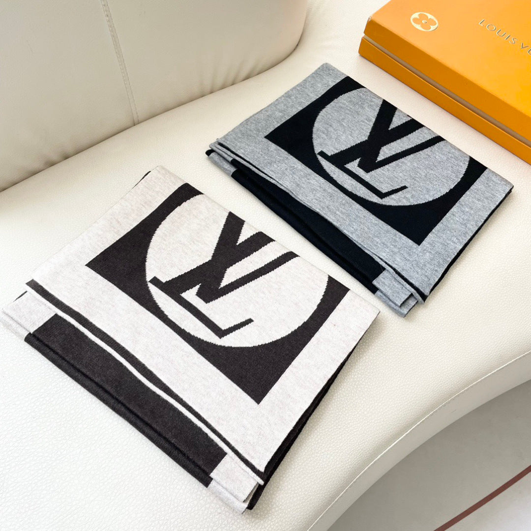 LV Exclusive Scarf 180cm Black Gray Cashmere 968497