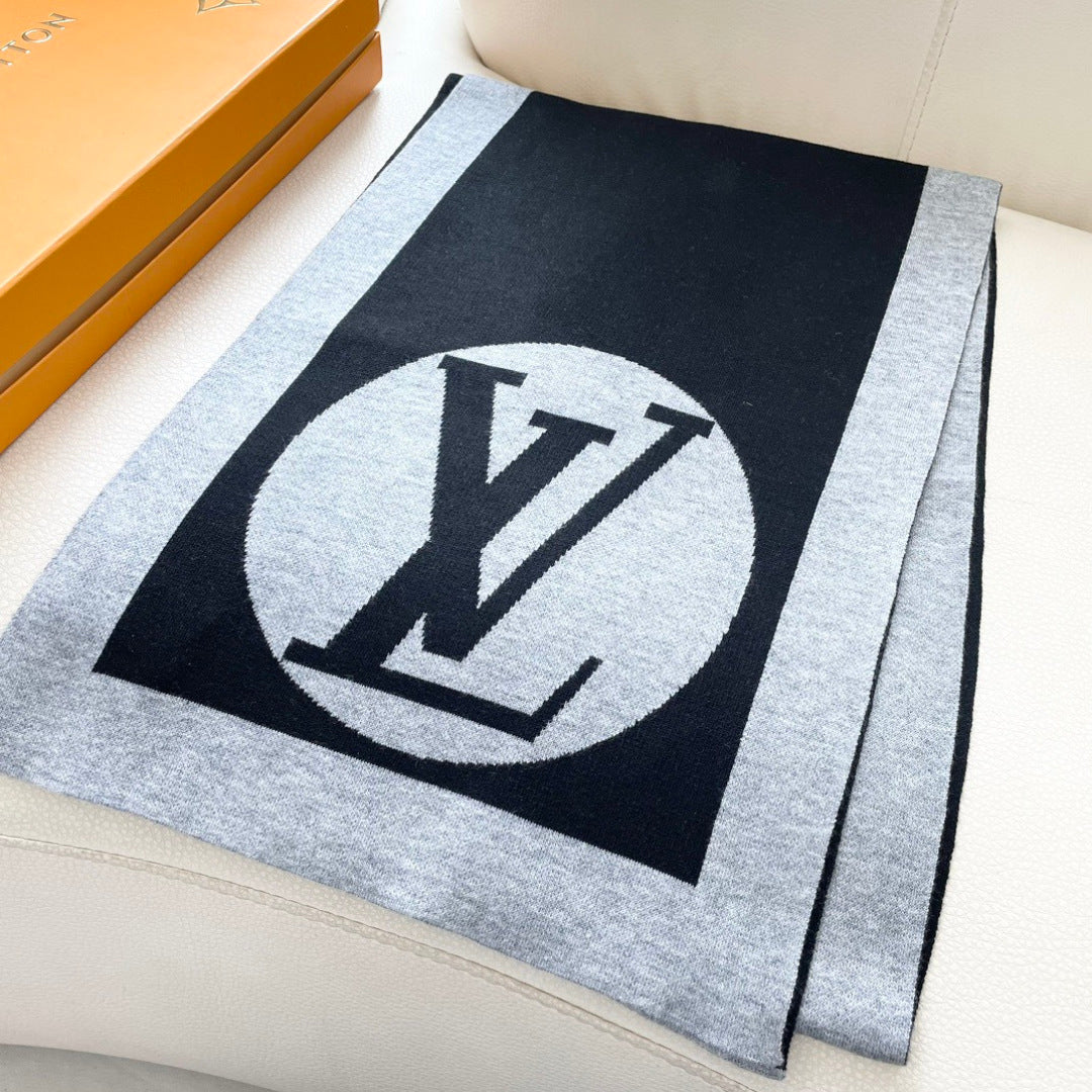 LV Exclusive Scarf 180cm Black Gray Cashmere 968497