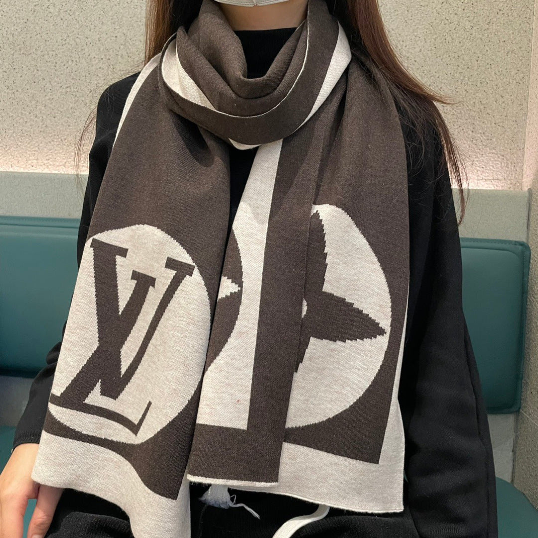 LV Exclusive Scarf 180cm Black White Cashmere 968498