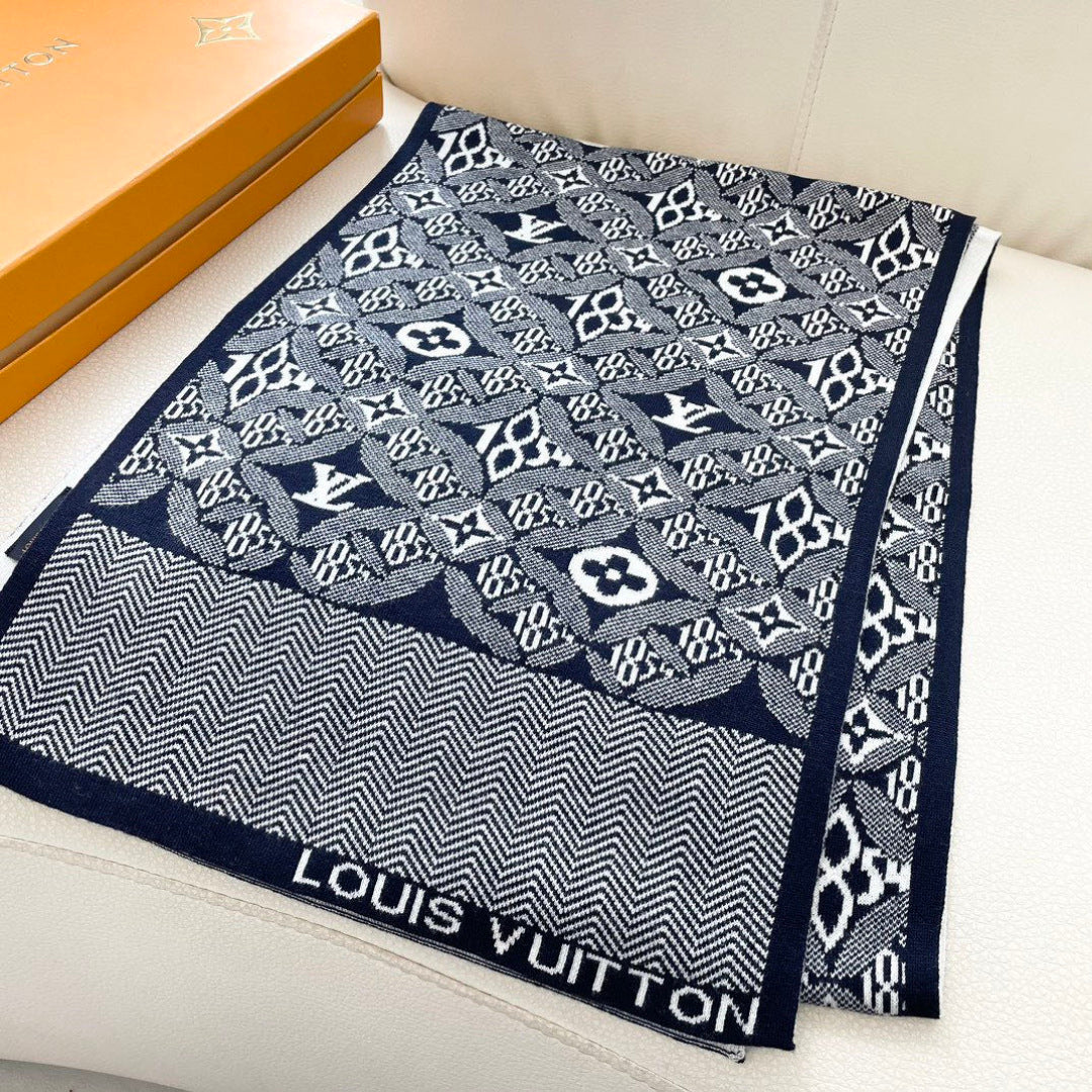 LV Couple's Style Scarf 180cm Navy Blue White Cashmere 969313