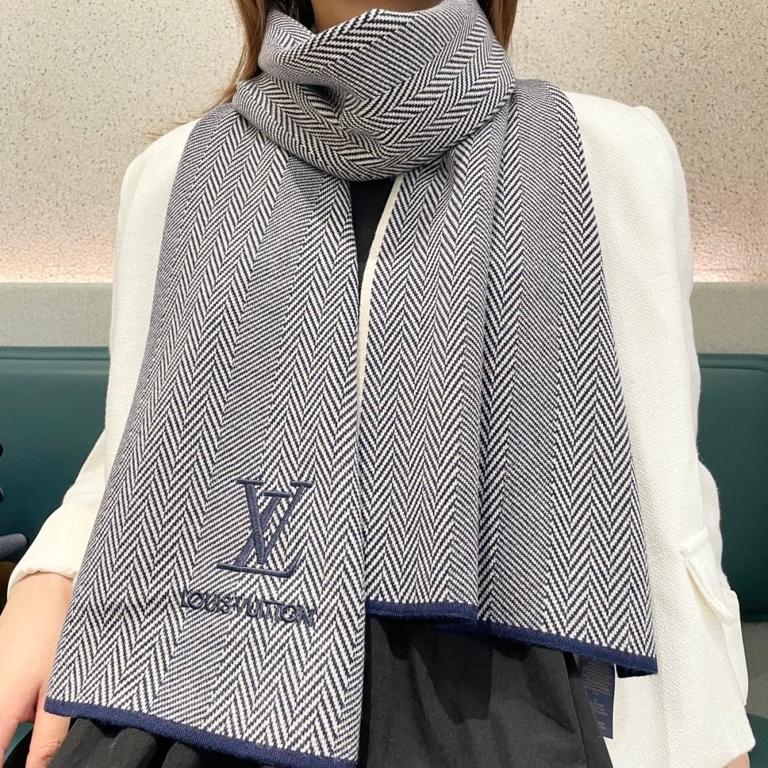 LV Couple's Style Scarf 180cm Gray Blue Cashmere 976363