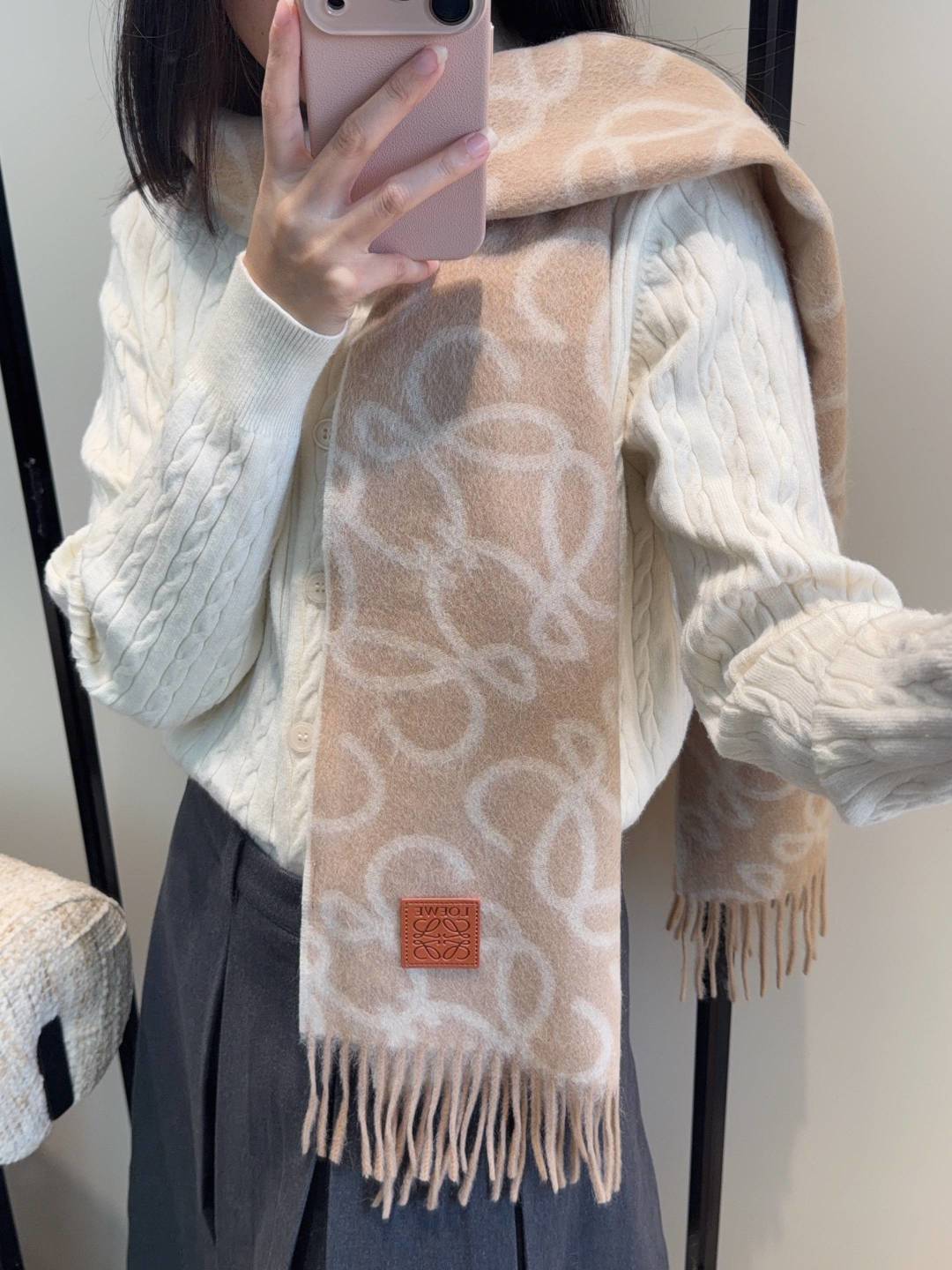 Loewe Scarf 180CM Beige White Wool-blend 100122