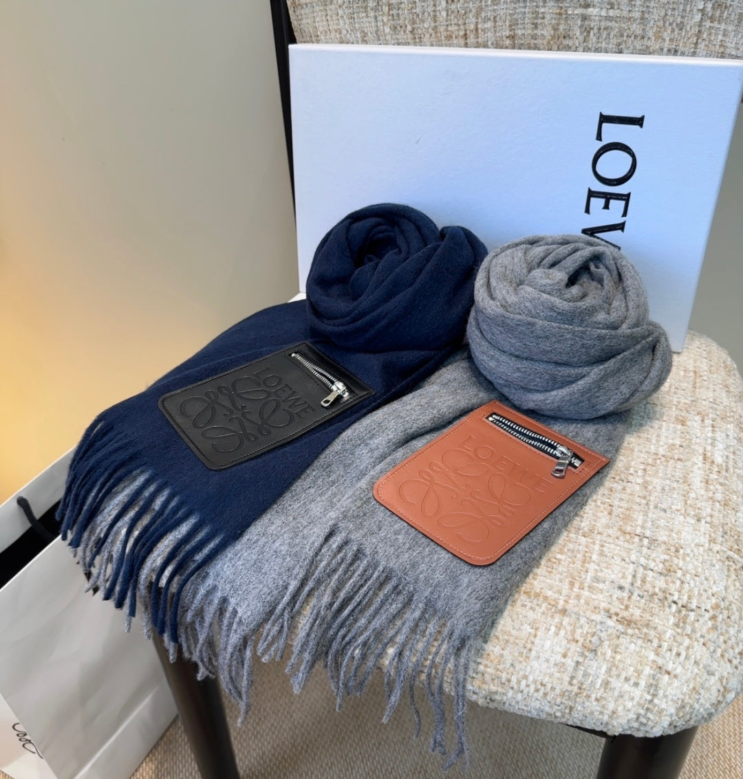 Loewe Scarf 180CM Dark Blue  Mix Black Wool-blend Leather 969503