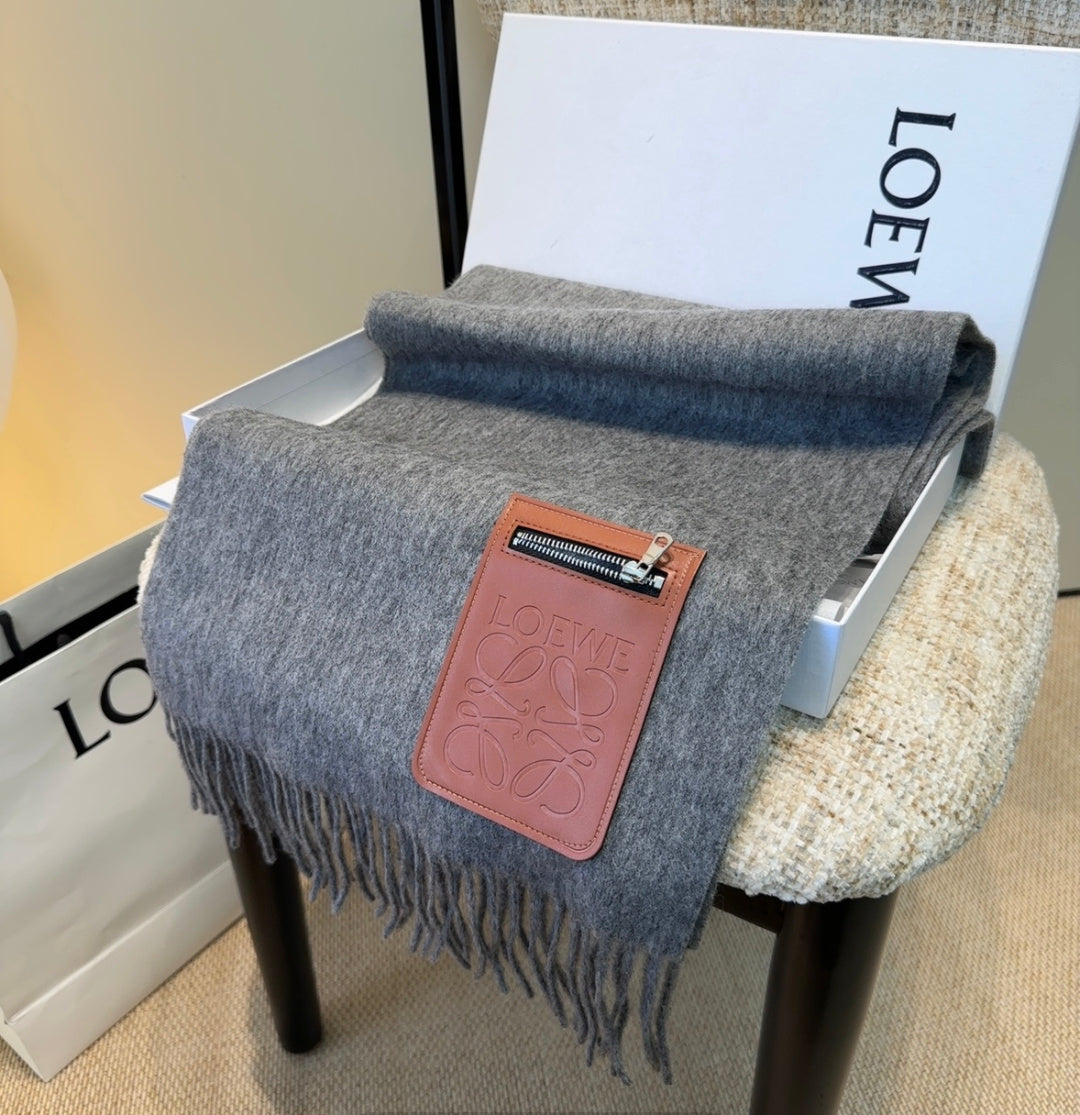 Loewe Scarf 180CM Gray Mix Camel Wool-blend Leather 969504
