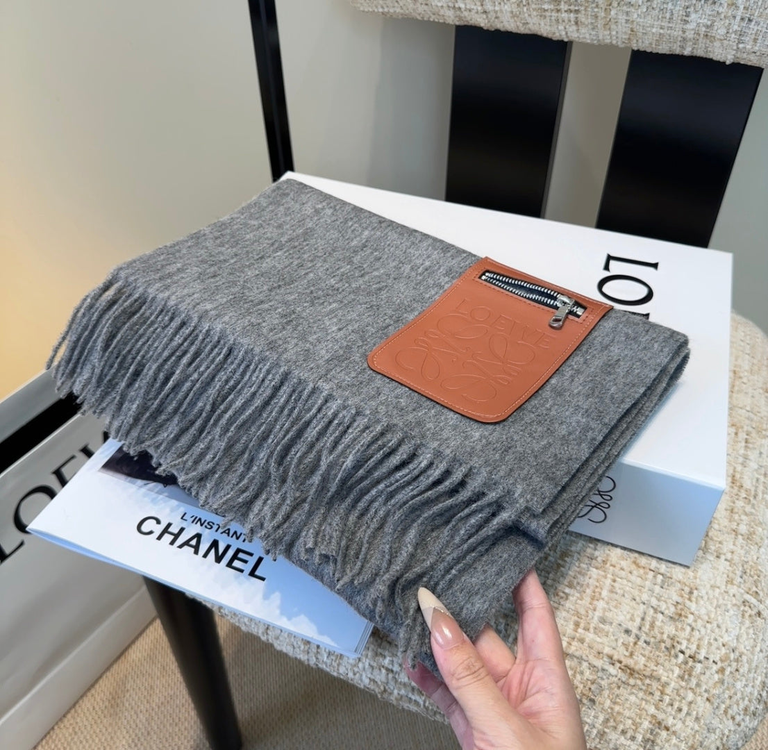 Loewe Scarf 180CM Gray Mix Camel Wool-blend Leather 969504