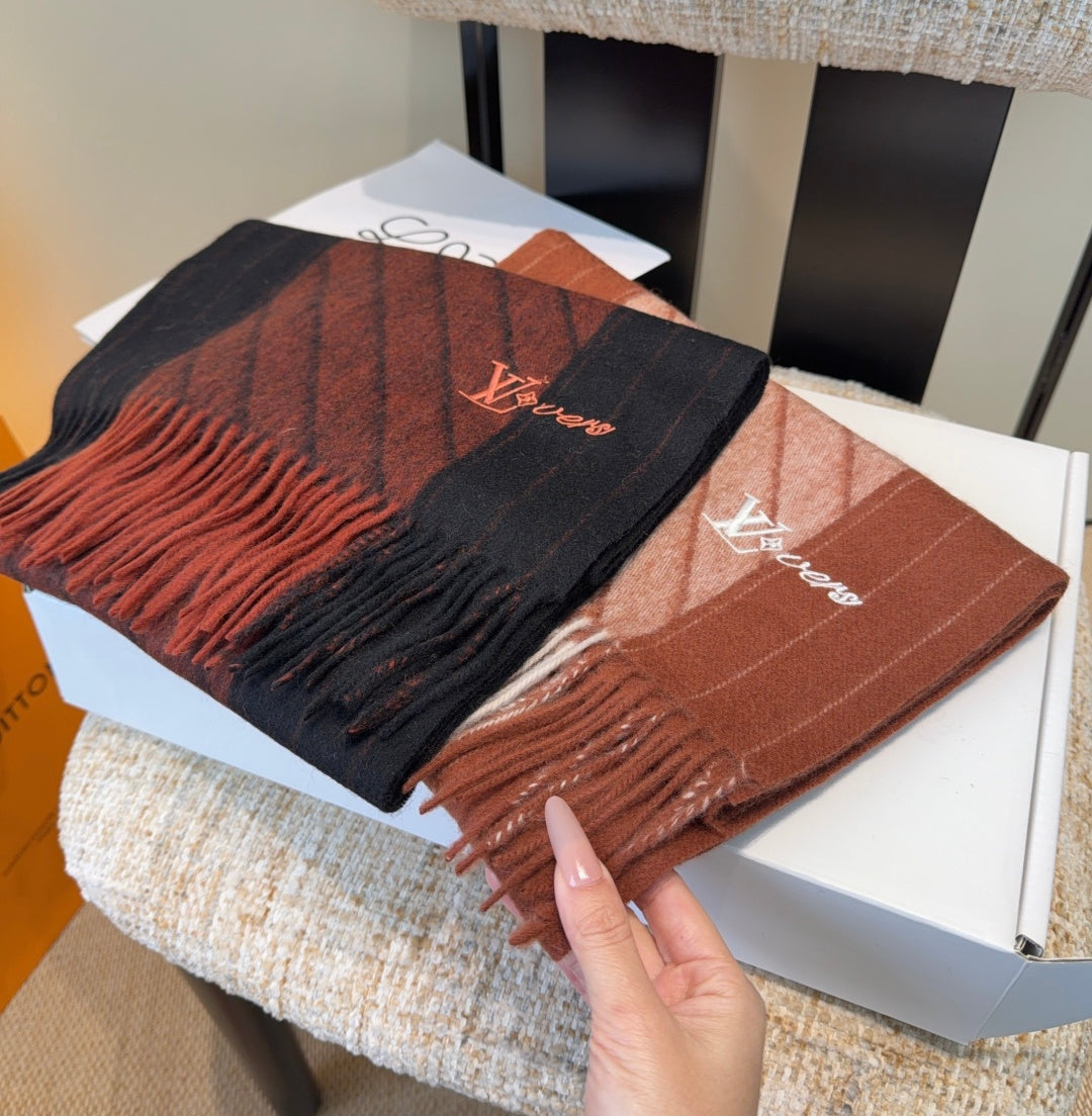 LV Scarf 180cm Brown Beige Wool Cashmere 977015