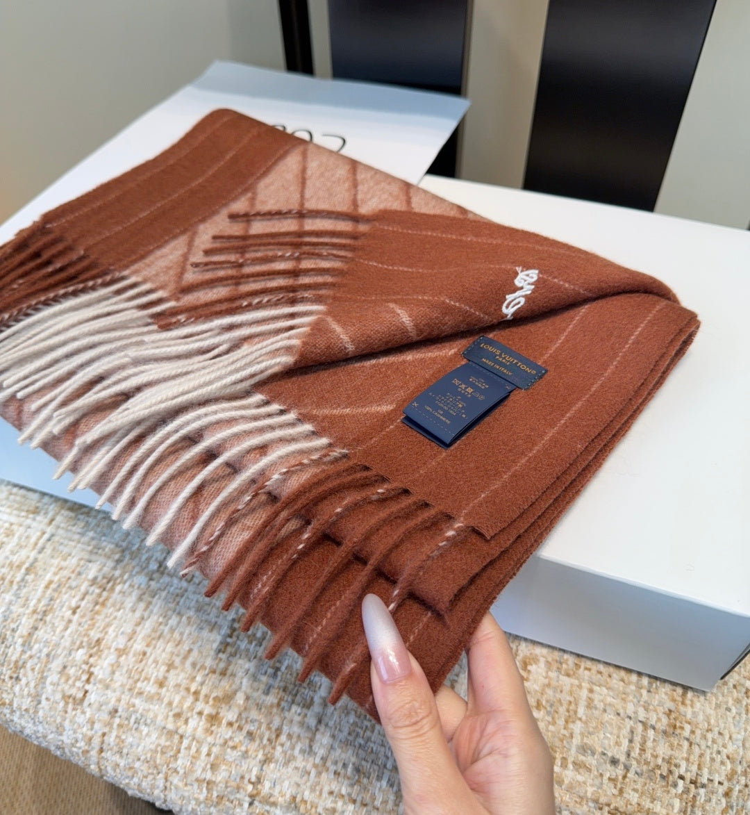 LV Scarf 180cm Brown Beige Wool Cashmere 977015
