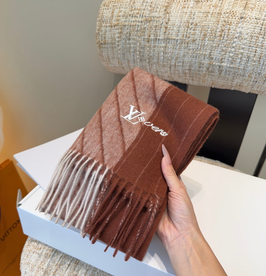 LV Scarf 180cm Brown Beige Wool Cashmere 977015
