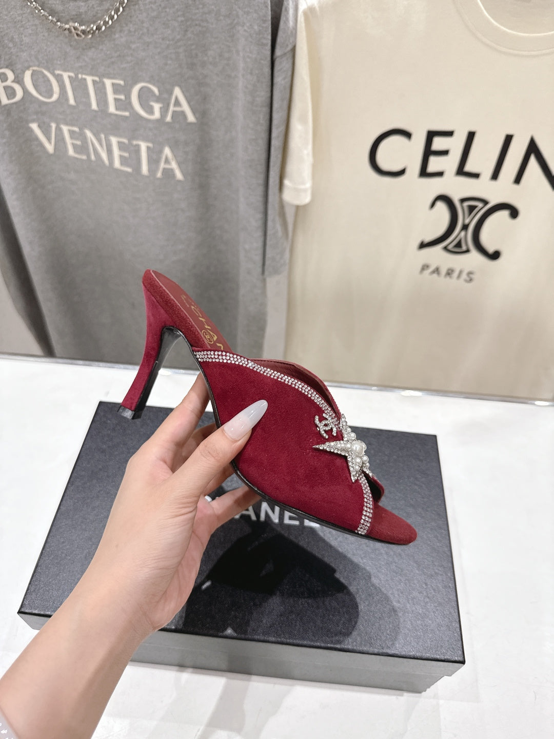 Channel 2026 High-Heeled Mules 90mm Strass Suede 896436