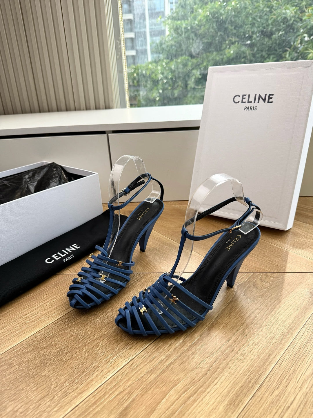 Celine 2026 Cage Heeled Sandals 90mm Blue Leather 995606