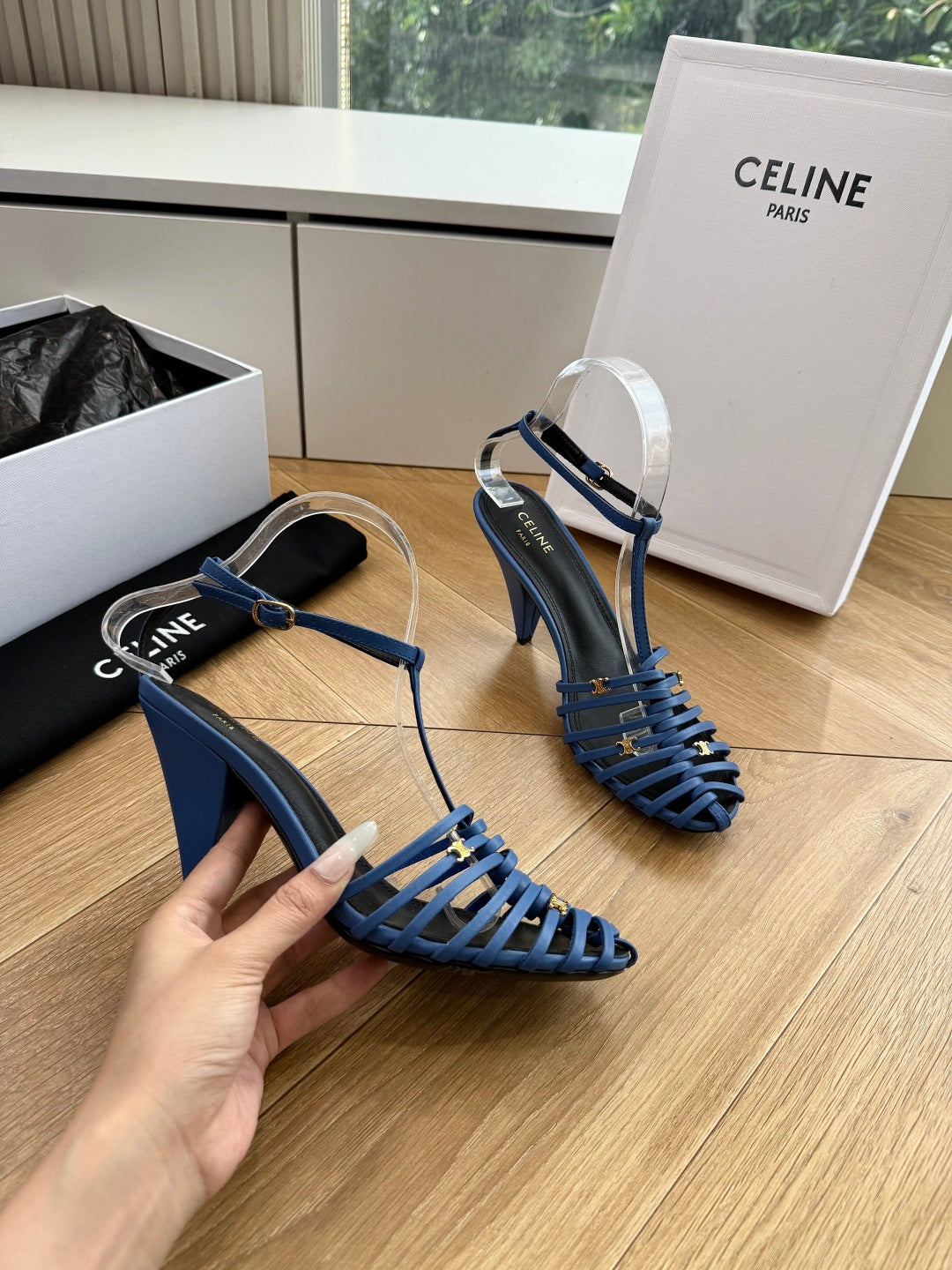 Celine 2026 Cage Heeled Sandals 90mm Blue Leather 995606