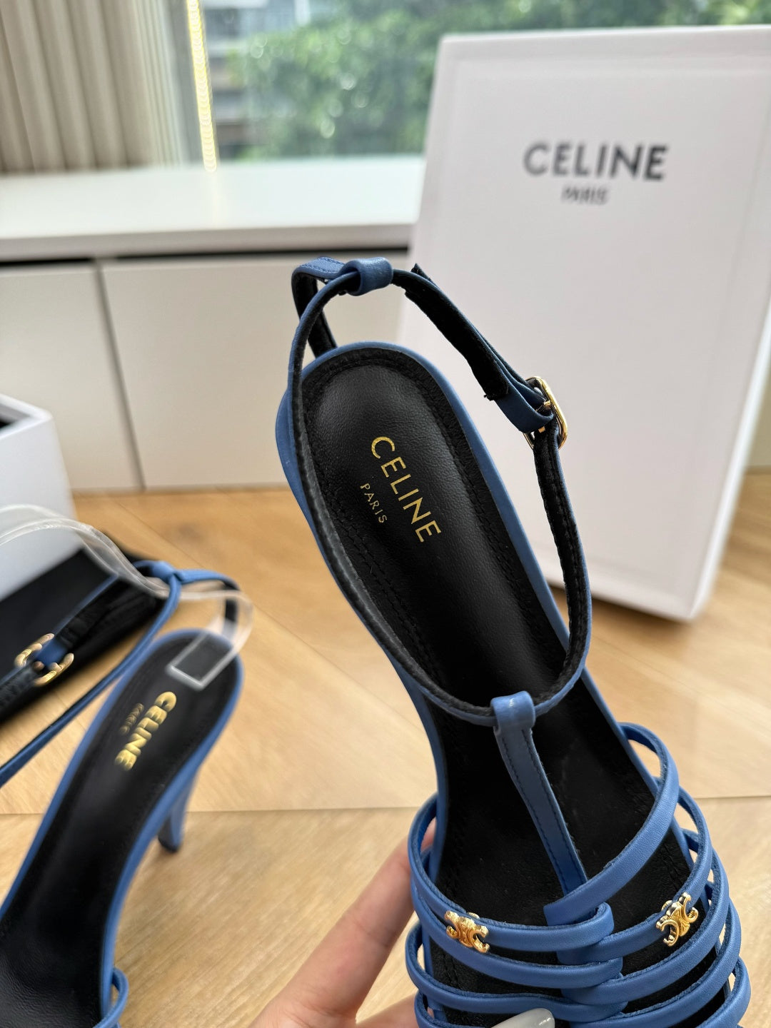 Celine 2026 Cage Heeled Sandals 90mm Blue Leather 995606