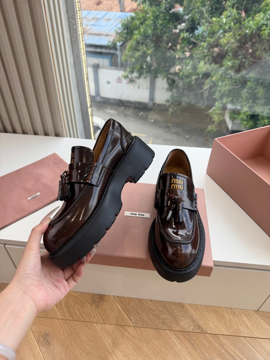 Miu Miu 2026 Platform Loafers Brown Patent Leather 994129