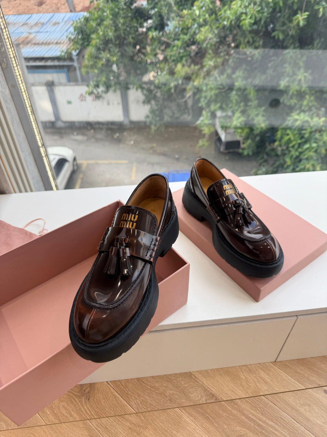 Miu Miu 2026 Platform Loafers Brown Patent Leather 994129