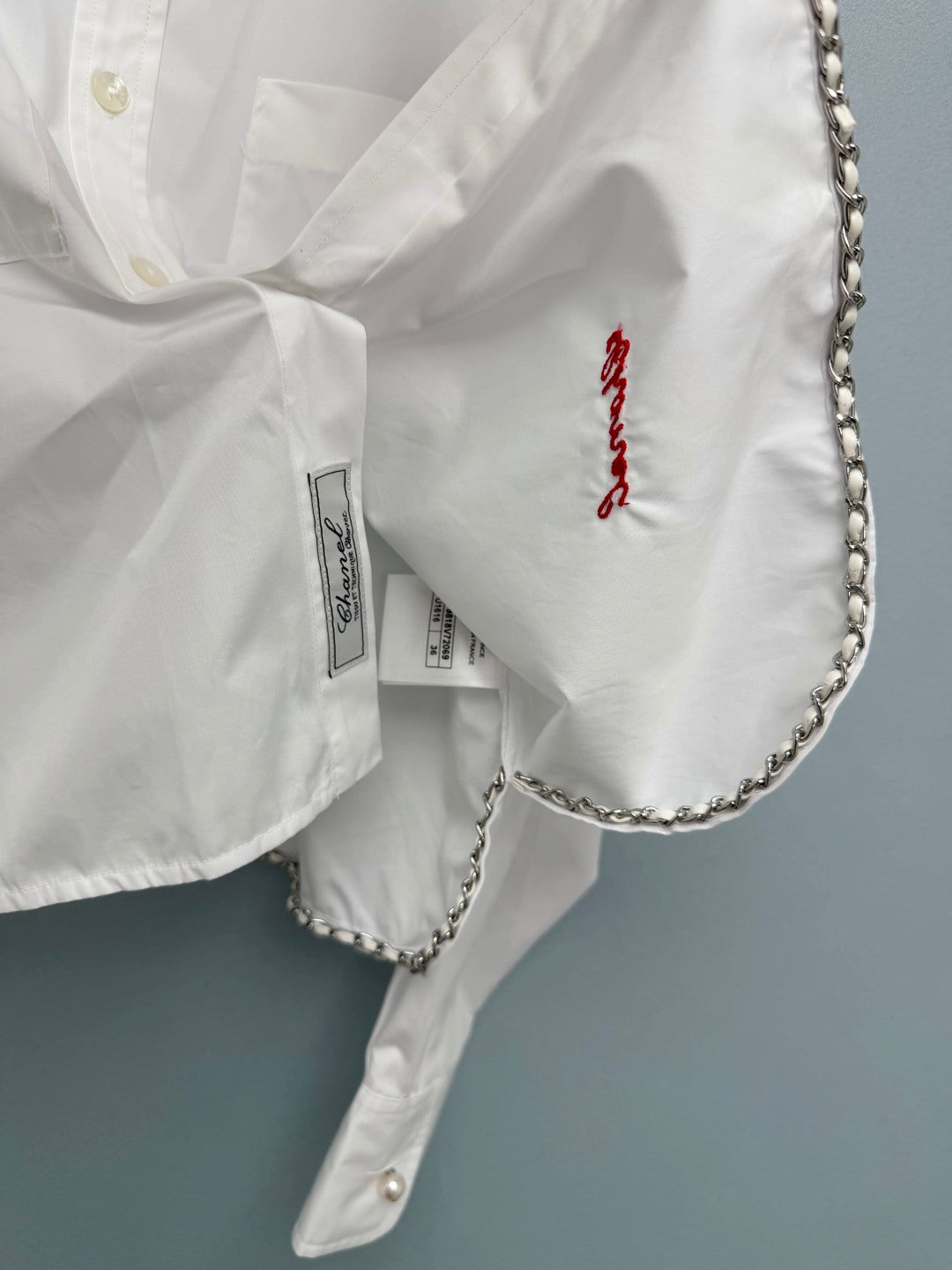 Chanel 2026 Pearl Button Chain Trim Short Shirt White Cotton 213056