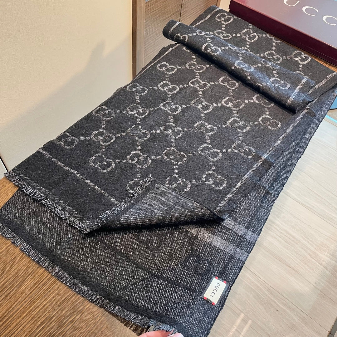 GG Double G Jacquard Scarf 180CM  Black Wool 283097