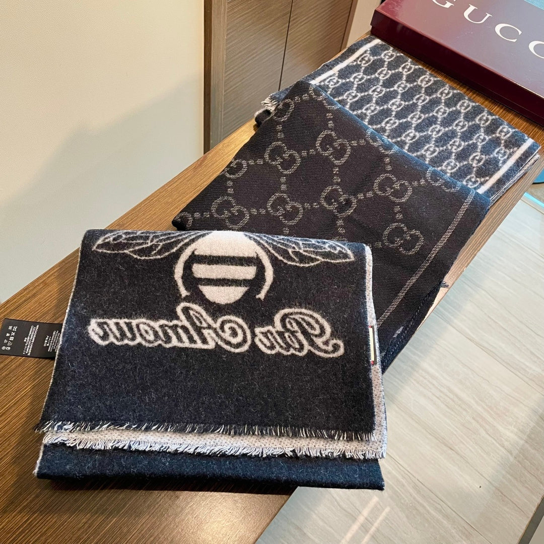 GG Double G Jacquard Scarf 180CM  Black Gray Wool 283098