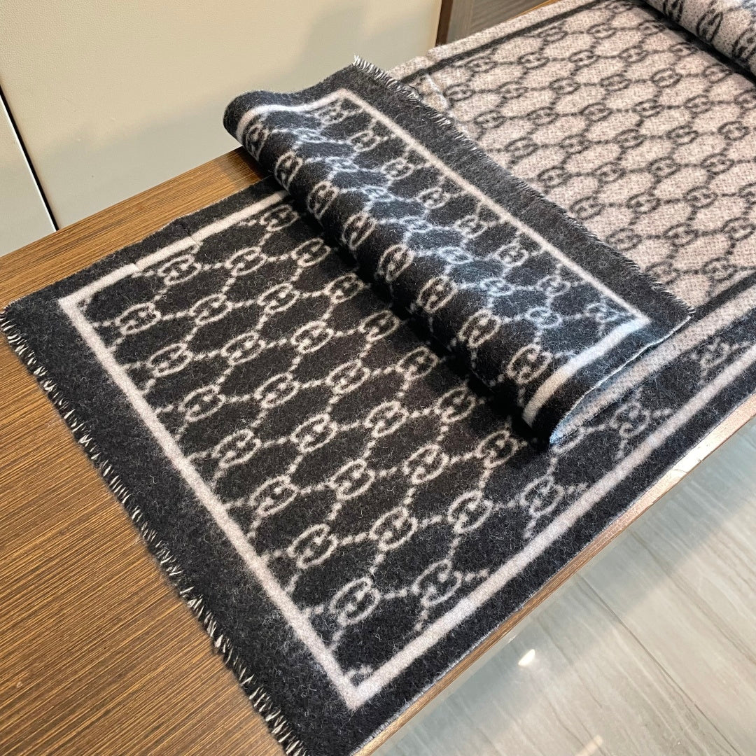 GG Double G Jacquard Scarf 180CM  Black Wool 283099