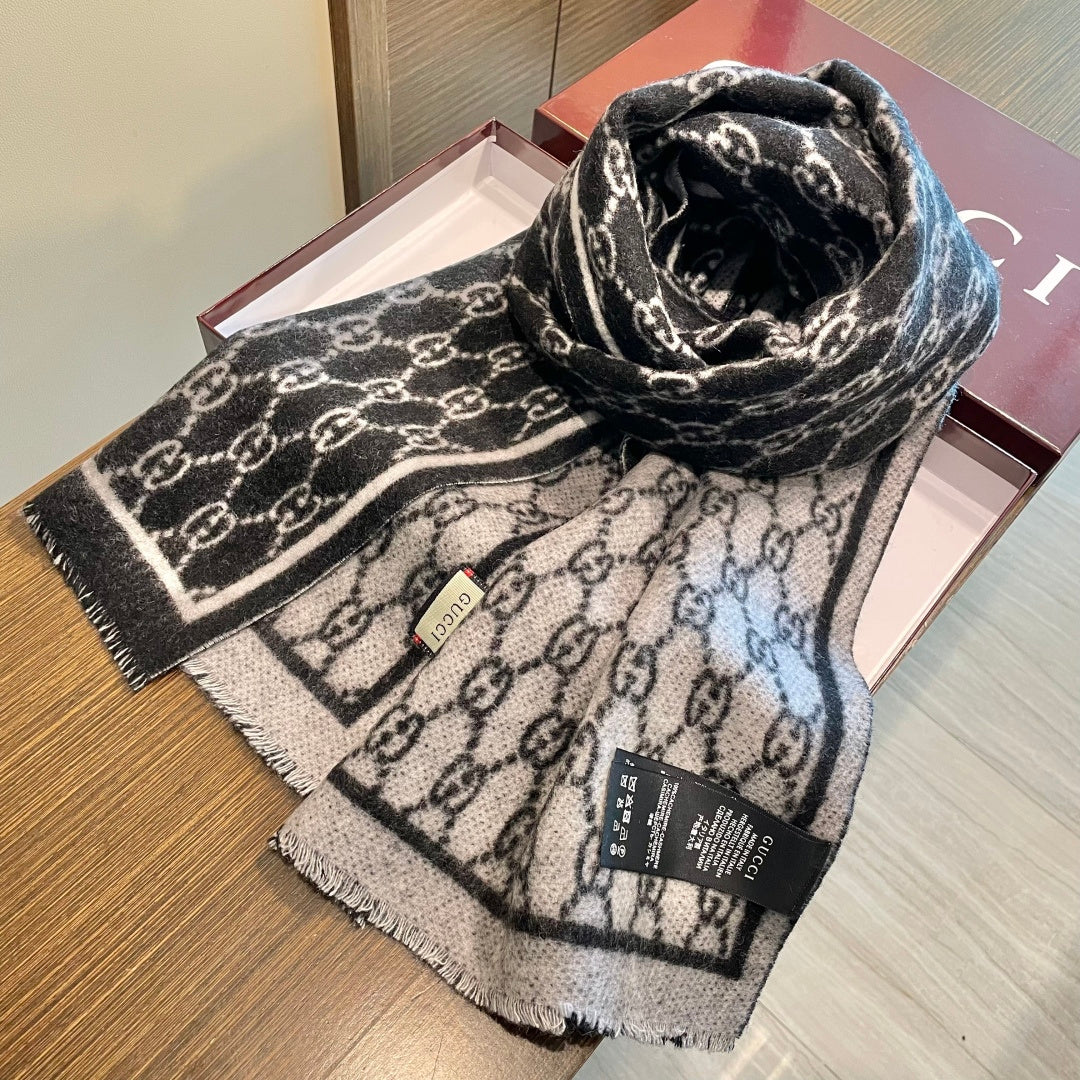 GG Double G Jacquard Scarf 180CM  Black Wool 283099
