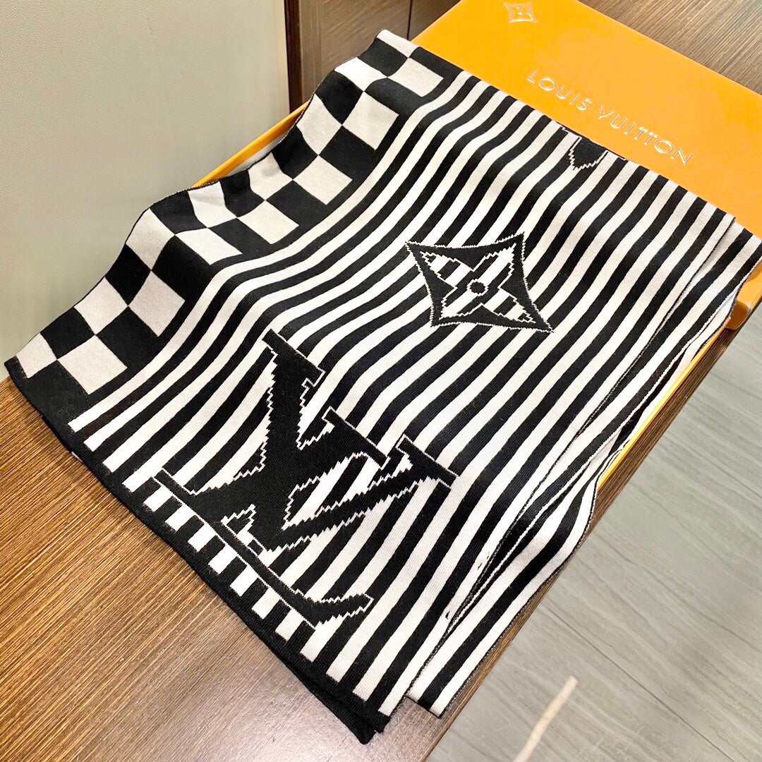 LV Unisex Scarf Scarf 180cm Black White Cashmere 968477