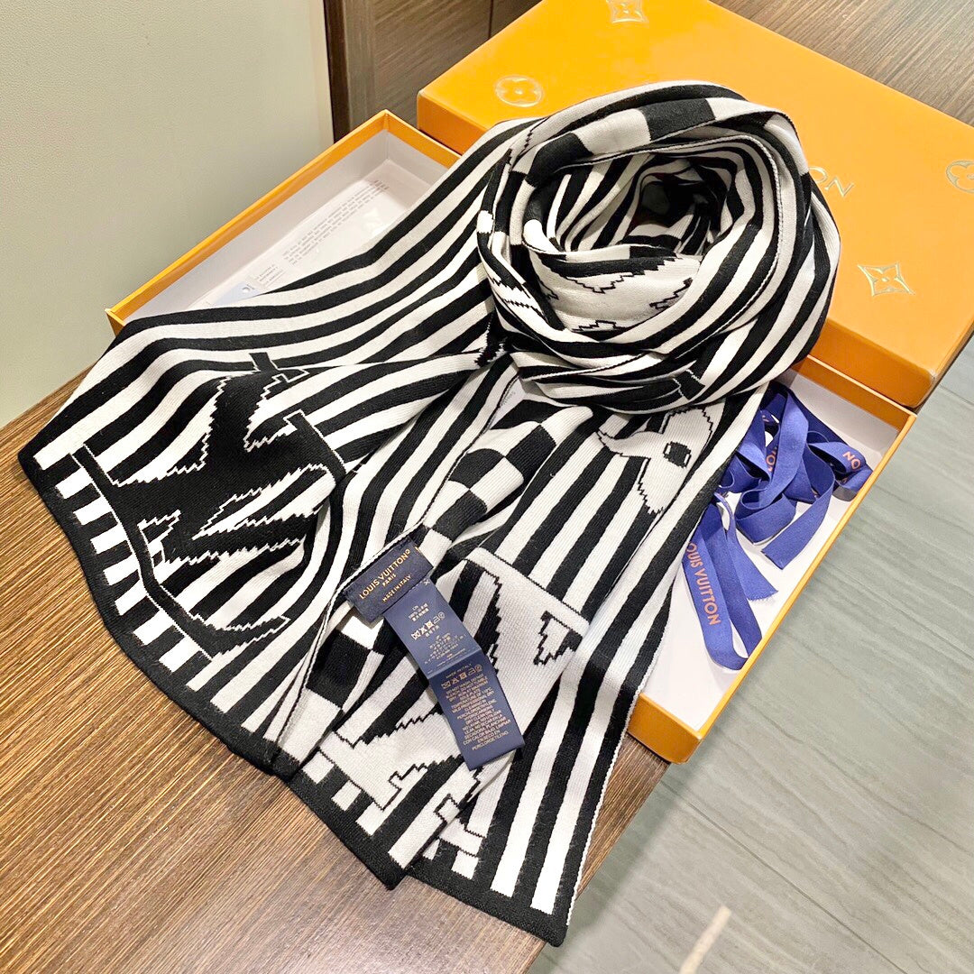 LV Unisex Scarf Scarf 180cm Black White Cashmere 968477