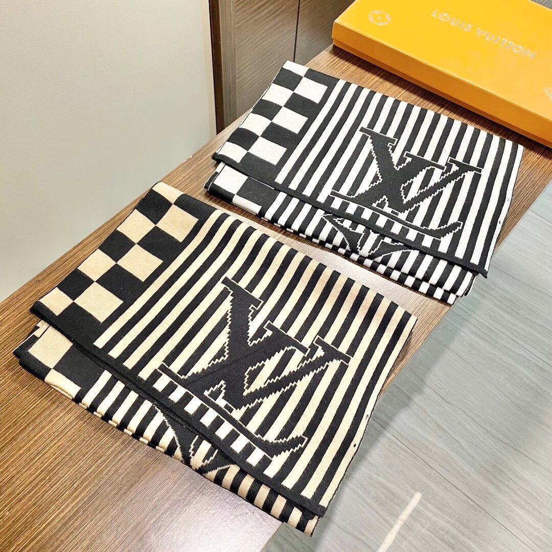 LV Unisex Scarf Scarf 180cm Black Beige Cashmere 968478