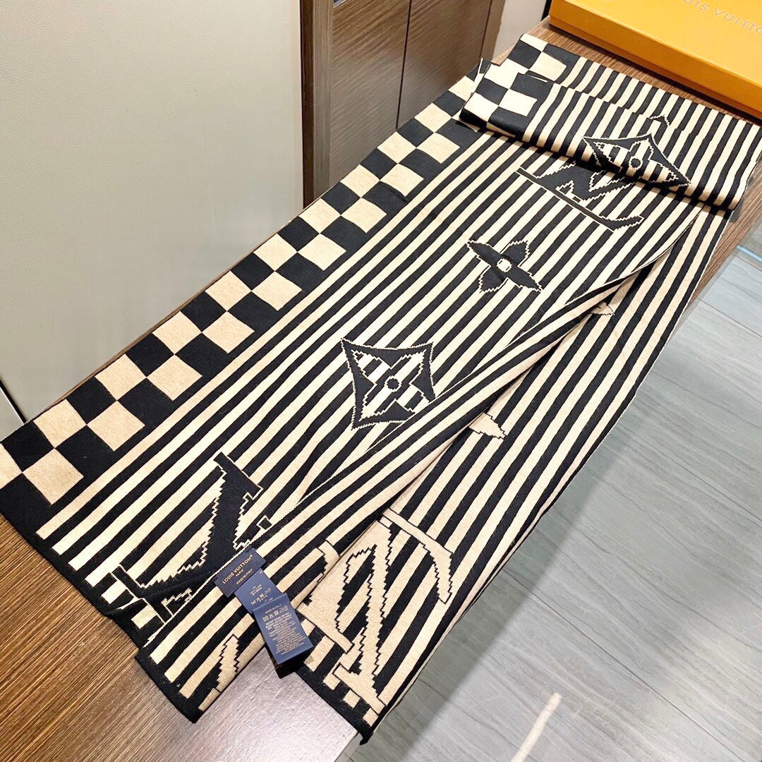LV Unisex Scarf Scarf 180cm Black Beige Cashmere 968478