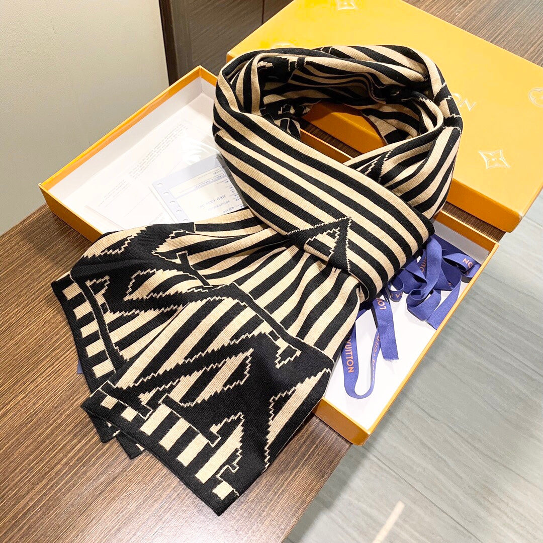 LV Unisex Scarf Scarf 180cm Black Beige Cashmere 968478