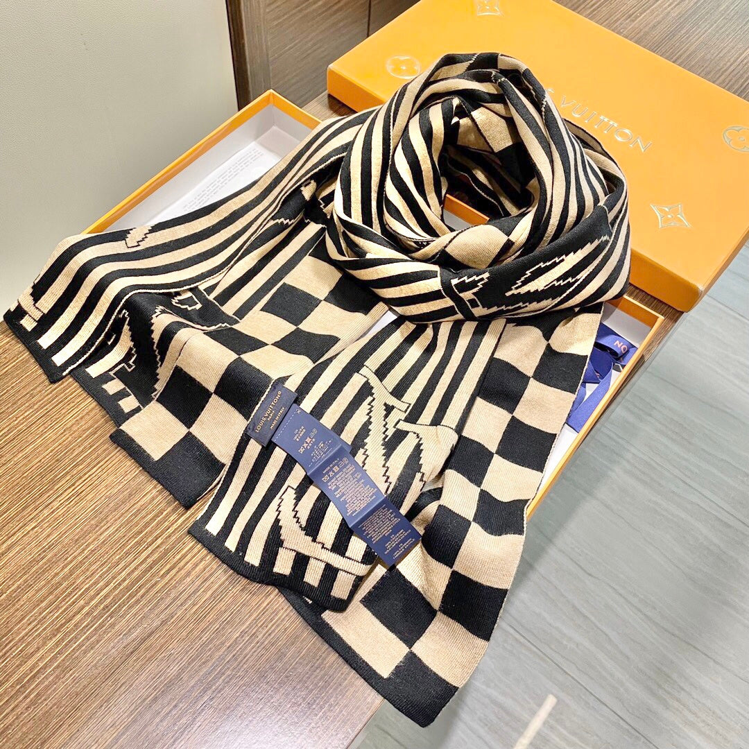 LV Unisex Scarf 180cm Black Beige Fabric 968478